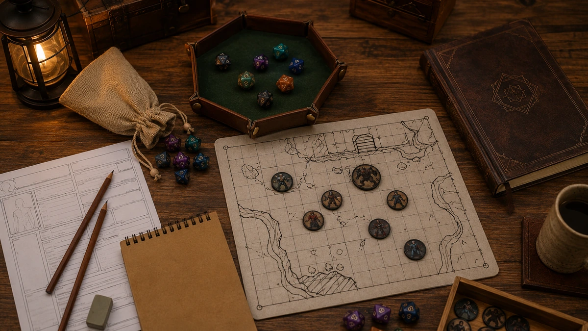 Mesa de RPG presencial com dados, fichas, mapa, tokens e acessórios organizados para uma sessão