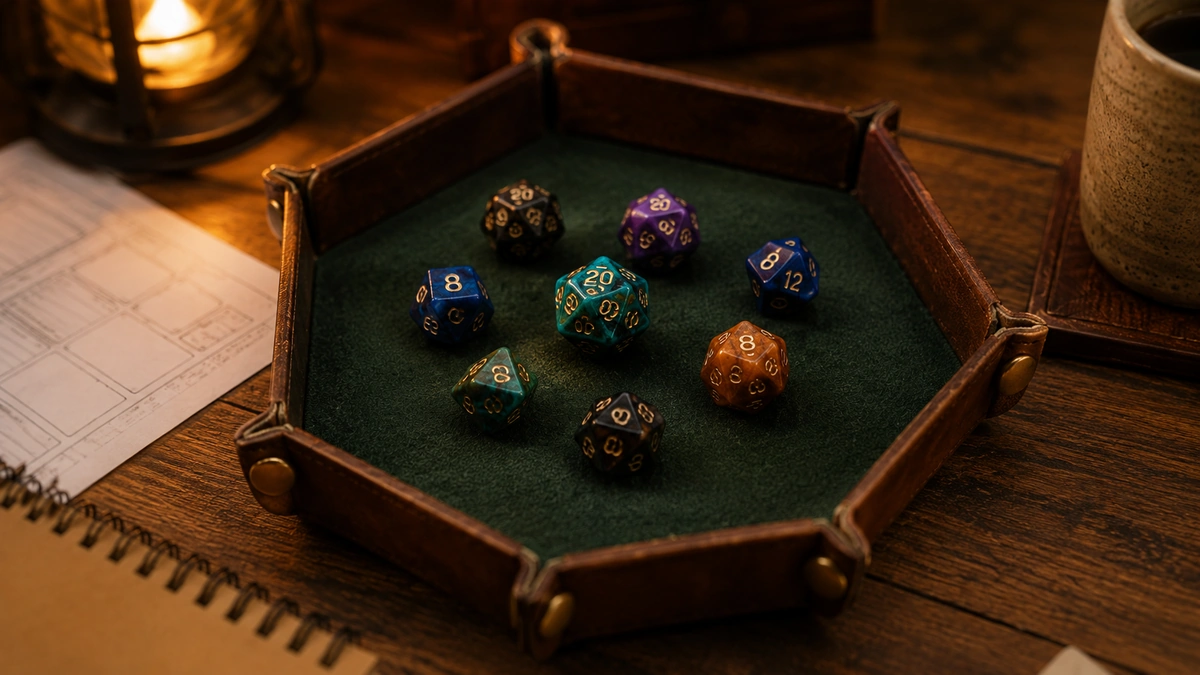 Bandeja de dados hexagonal com dados de RPG durante uma rolagem