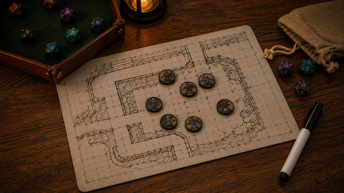 Grid de batalha para RPG com tokens representando personagens e monstros