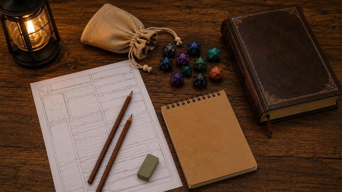 Kit básico para jogador de RPG com dados, ficha, lápis, caderno e bolsa de dados