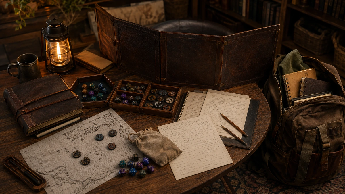 Kit do mestre de RPG com escudo, dados, tokens, anotações e grid de batalha