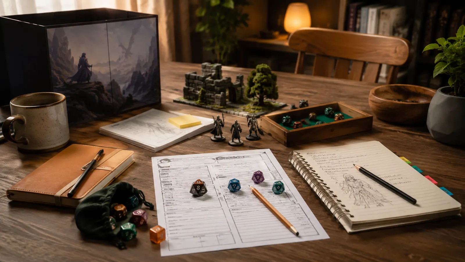 Mesa de RPG com dados, fichas de personagem e anotações para uma primeira aventura