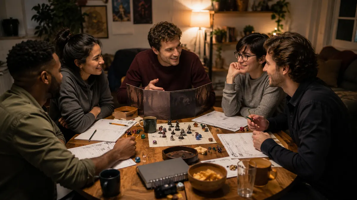 Grupo pequeno jogando RPG de mesa de forma casual em uma primeira sessão