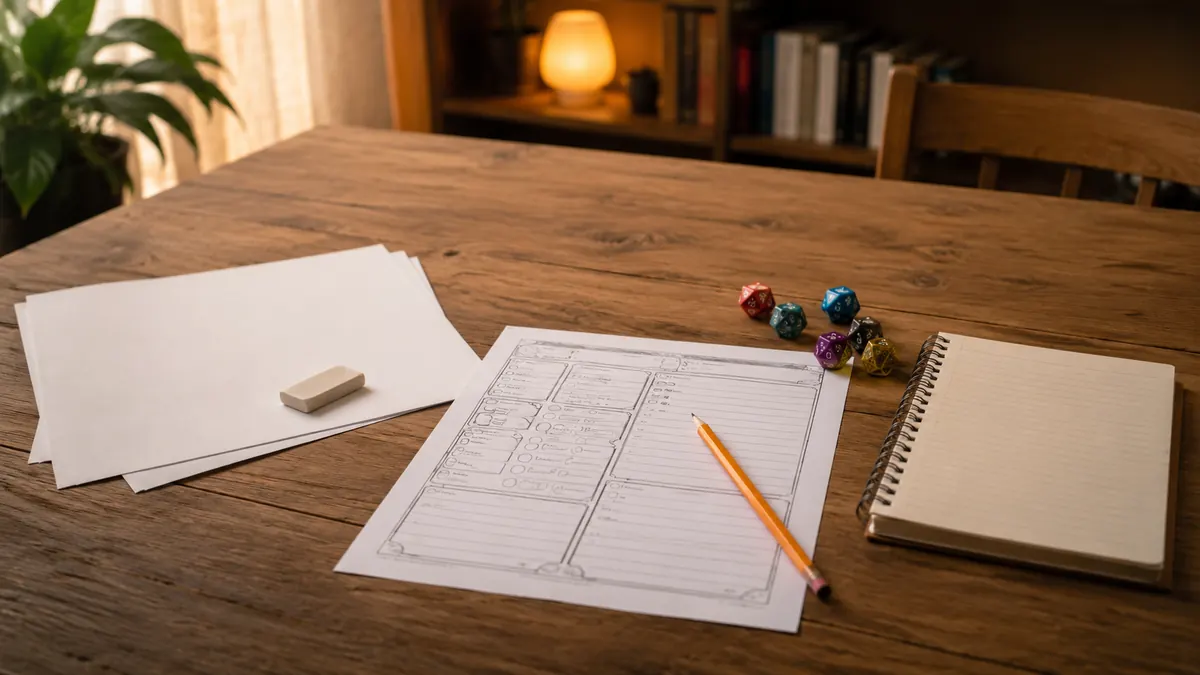 Kit básico para começar no RPG de mesa com papel, lápis, ficha e dados