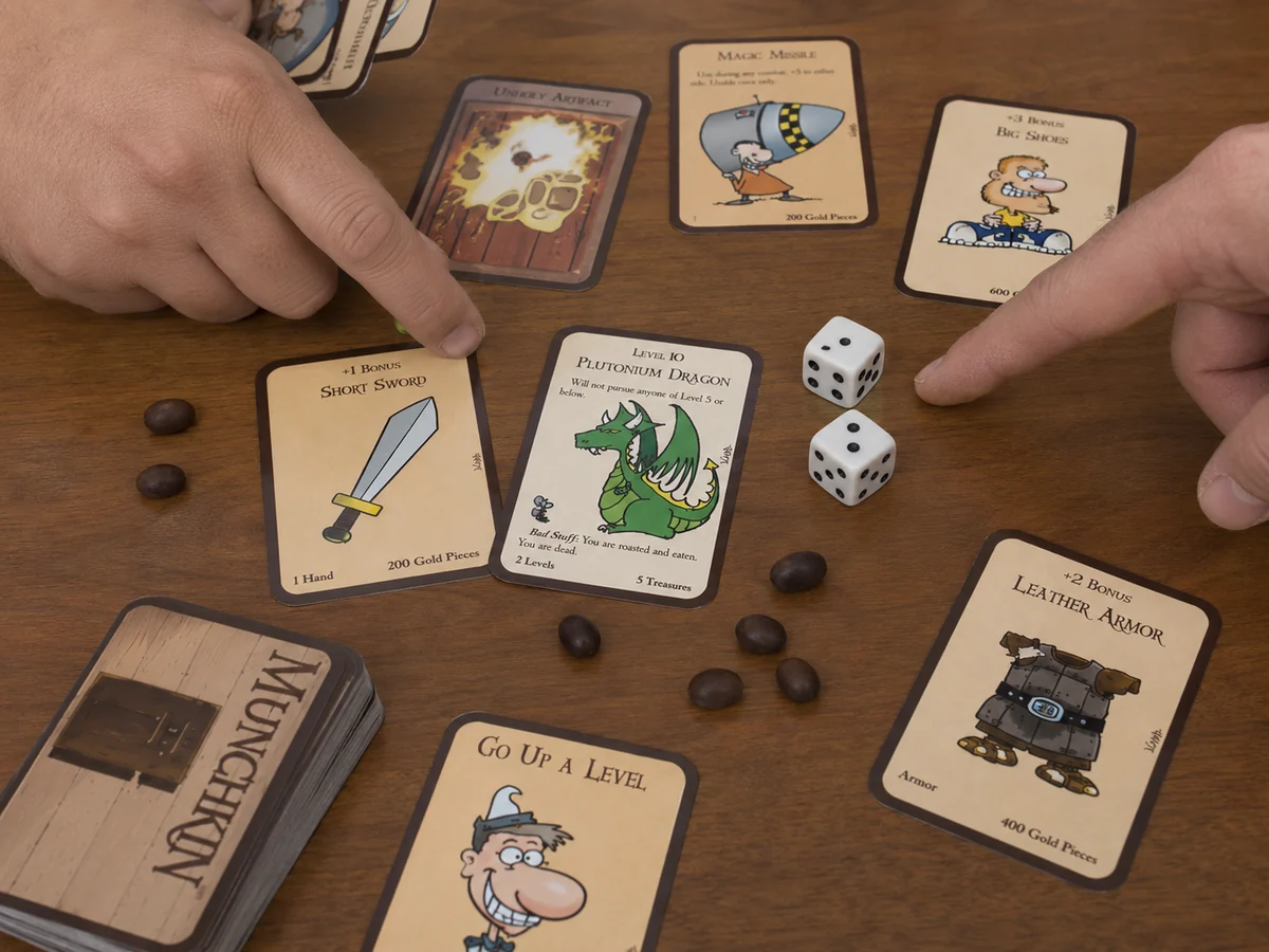 Mesa de Munchkin com cartas, dados e marcadores de nível em uma partida em andamento