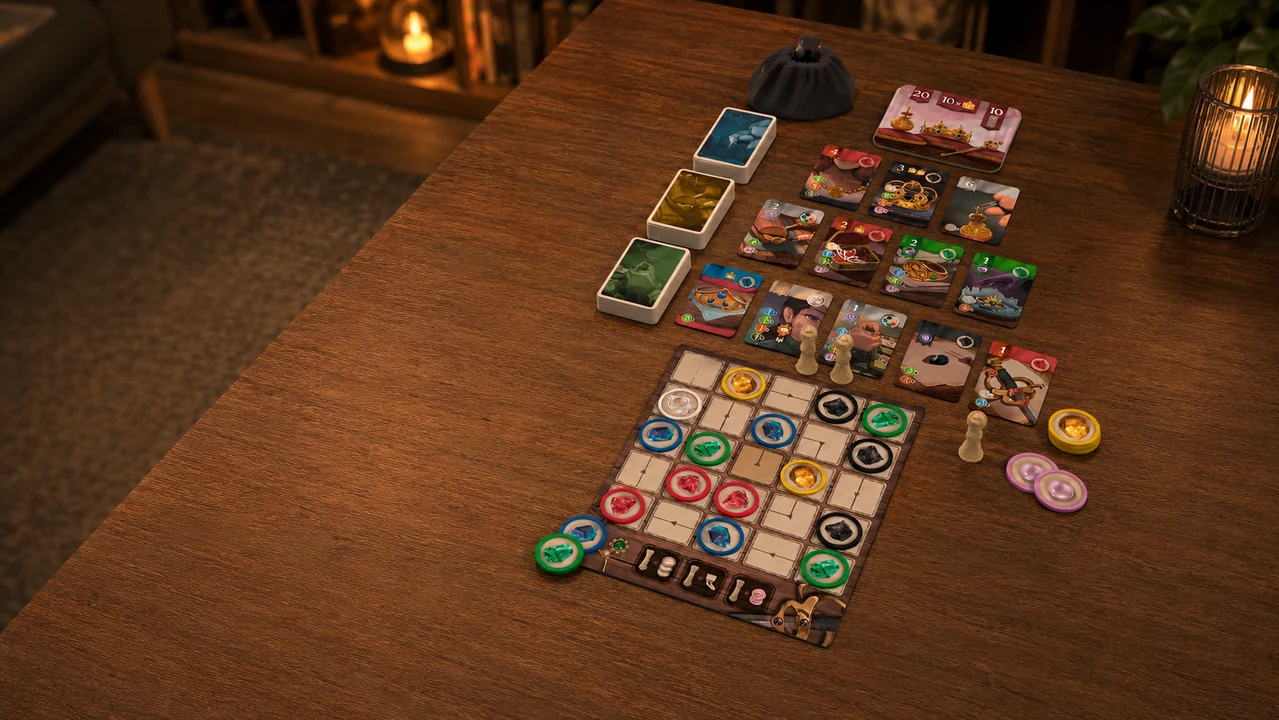 Jogo Splendor Duel montado sobre uma mesa para dois jogadores em ambiente aconchegante
