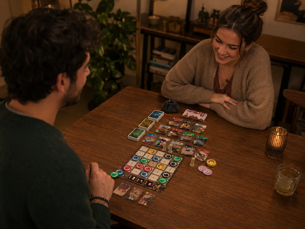 Casal jogando Splendor Duel em casa à noite, em momento aconchegante