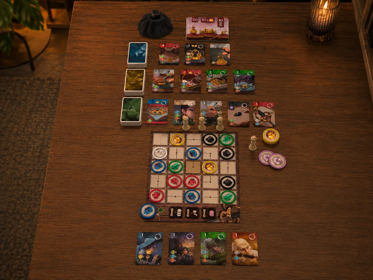 Mesa com Splendor Duel montado, mostrando cartas, gemas e tabuleiro central