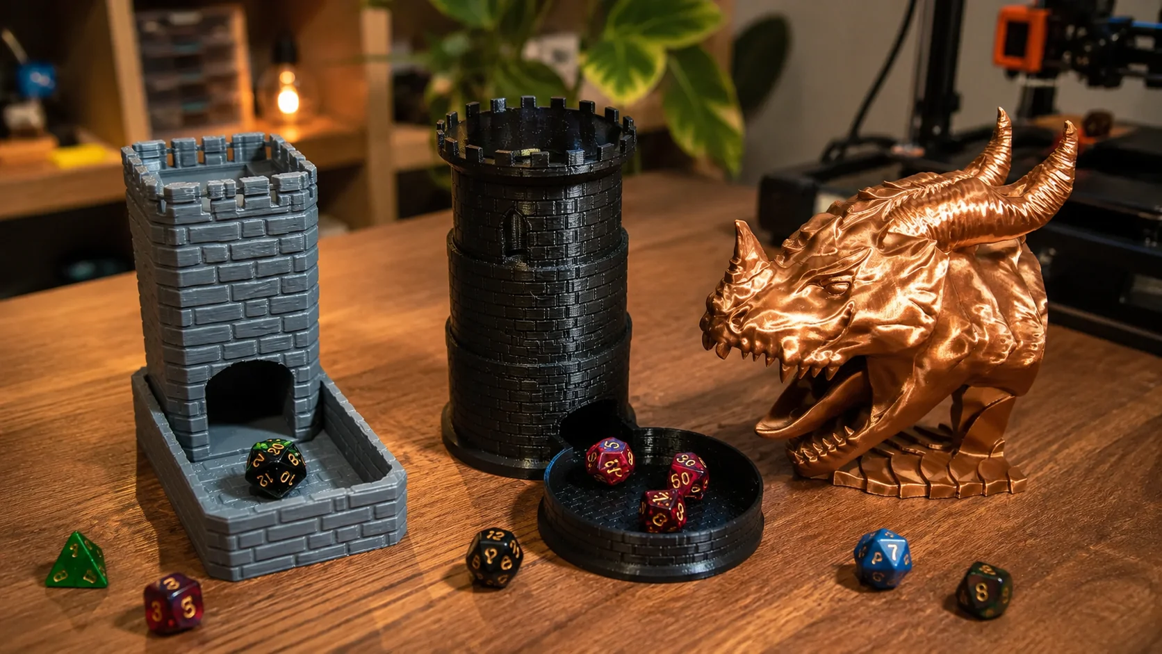 Torres de dados impressas em 3D sobre uma mesa de RPG com dados, fichas e livros ao fundo