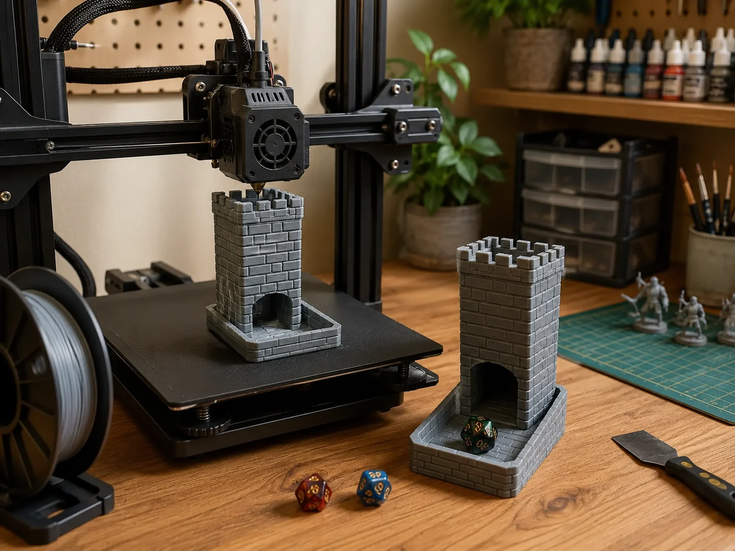 Impressora 3D produzindo uma torre de dados para uma mesa de RPG